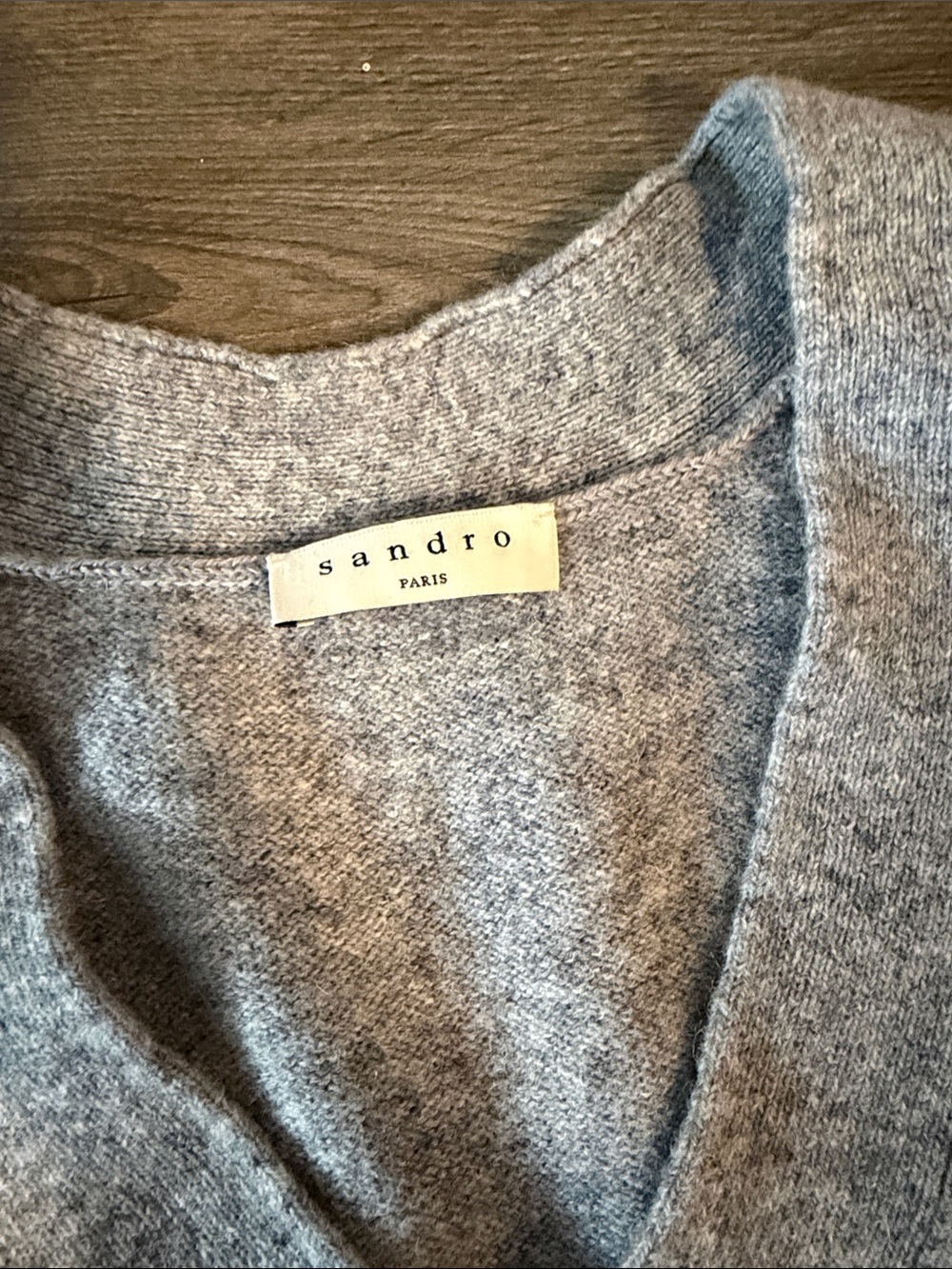 Sandro Gray V-Neck Sweater with Red and Blue Stripe Sleeves - Picture 2 of 5